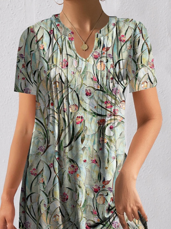 Loose Casual V Neck Handmade Dress