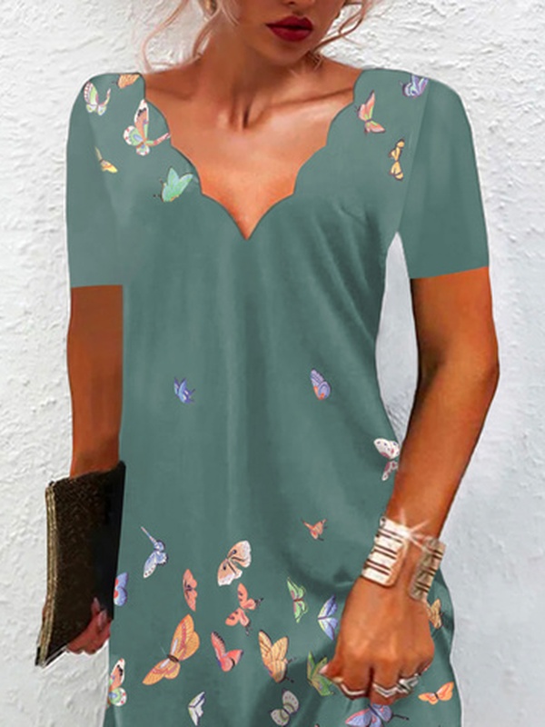 Butterfly Short Sleeve V Neck Casual Tunic Handmade Dress