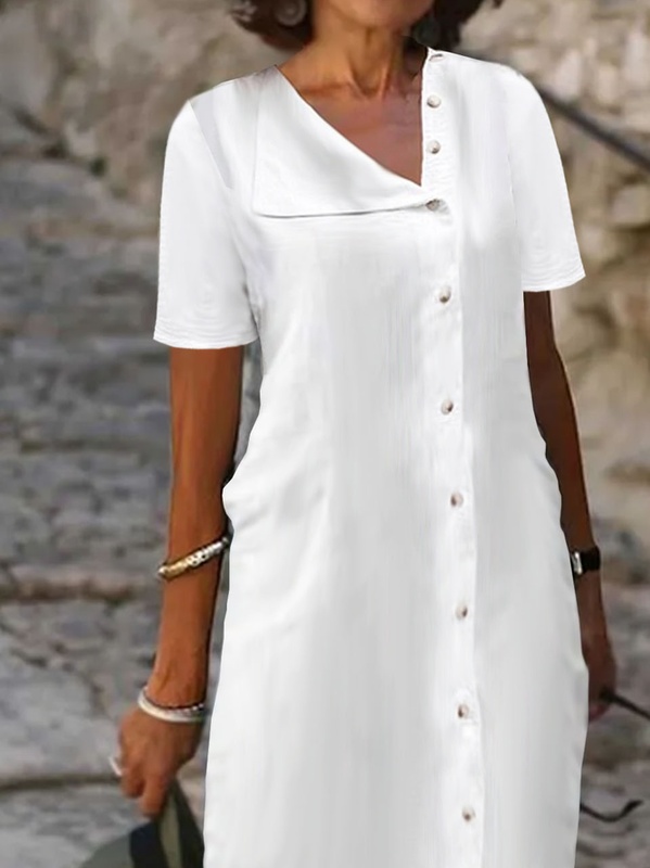 Casual Asymmetrical Collar Plain Buckle Handmade Dress
