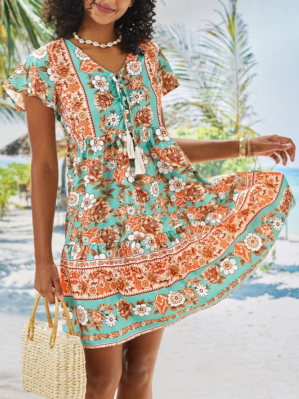 Floral Short Sleeve Printed Cotton blend V neck Boho Summer