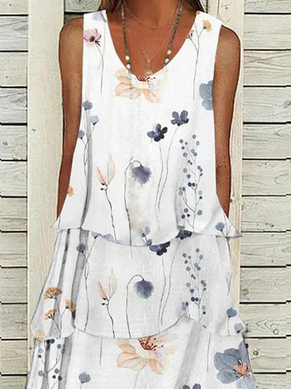 Floral V Neck Loose Casual Handmade Dress