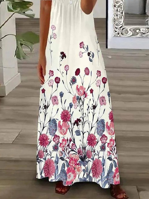 Floral Lace Short Sleeve Buckle Notched Casual Handmade Dress