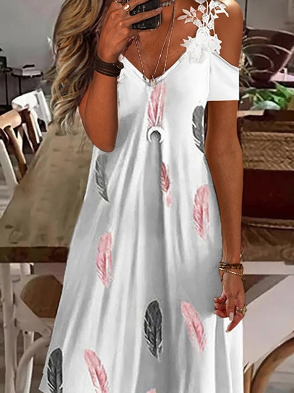 Feather Printed V Neck Off Shoulder Cold Shoulder Short Sleeve