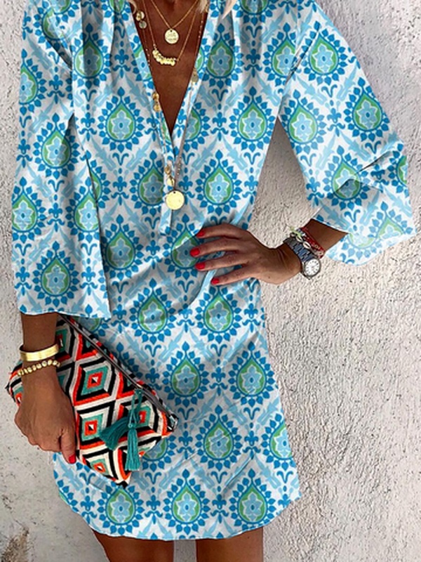 Womens Loose Casual V Neck Long Sleeve Ethnic Handmade Dress