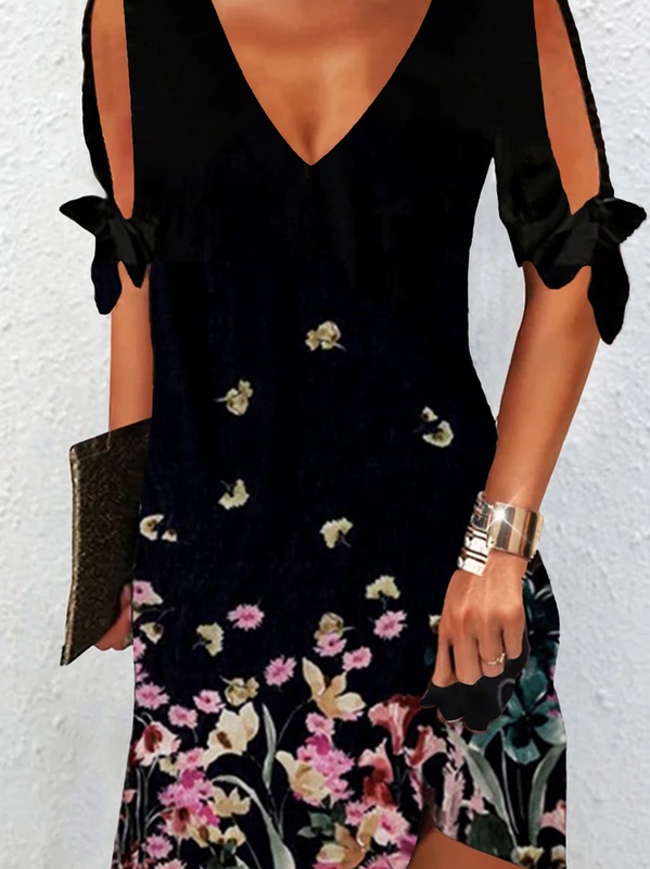 Floral Loosen Short Sleeve Knit Handmade Dress