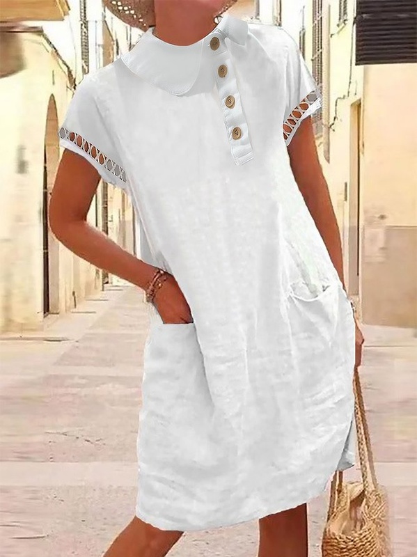Plain Buckle Hollow out Lace Short Sleeve Pockets Casual Tunic