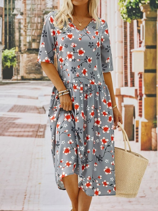 Vintage Women Short Sleeve V Neck Floral Printed Casual Weaving