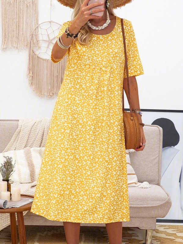Women Short Sleeve Round Neck Floral Print Causal Midi Handmade Dress