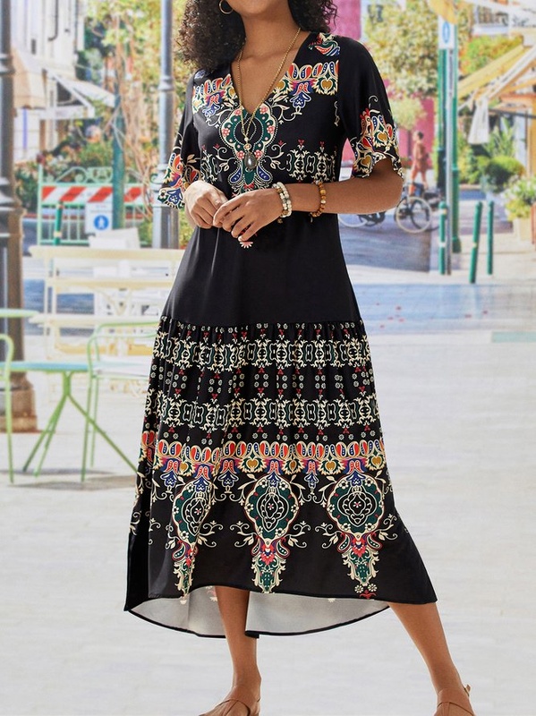 Tribal Casual Short Sleeve V neck Handmade Dress