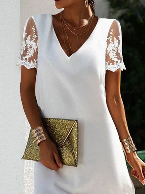 Plain V Neck Loose Casual Handmade Dress