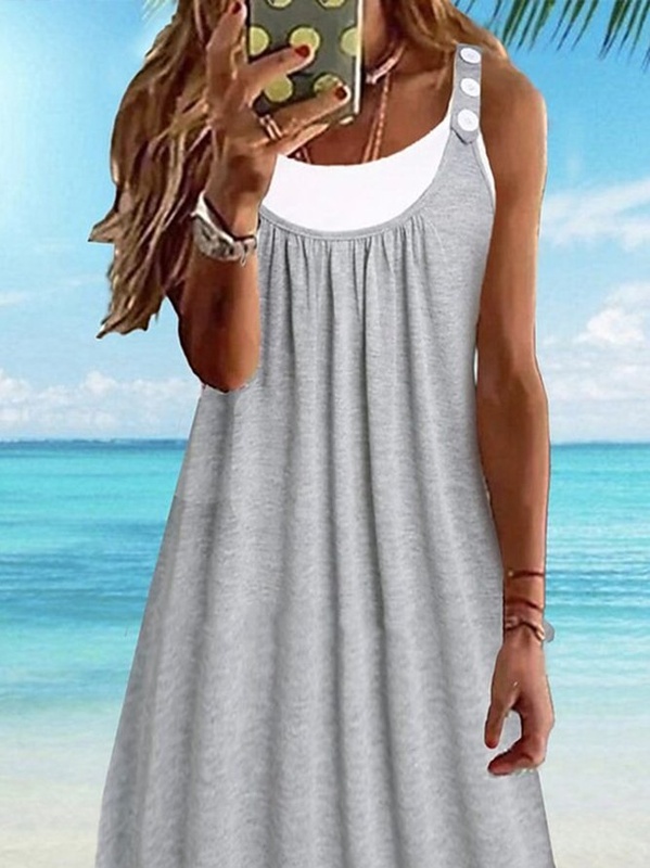 Plain Casual Buttoned Sleeveless Tank Handmade Dress