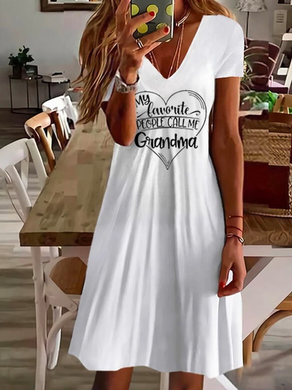 Casual Jersey Text Letters V Neck Handmade Dress