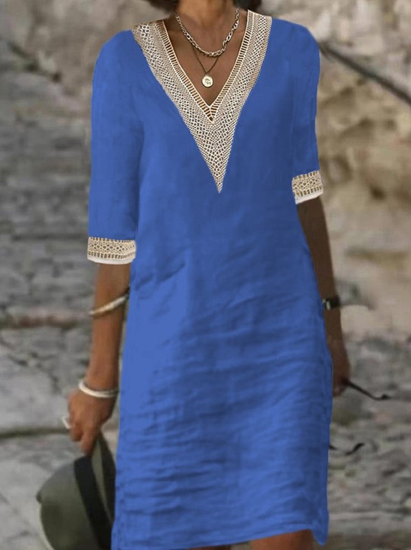 Plain Casual V Neck Cotton Handmade Dress