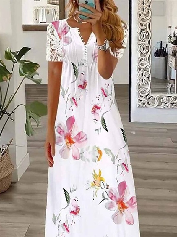 Floral Casual Vacation Lace Loose Maxi Handmade Dress