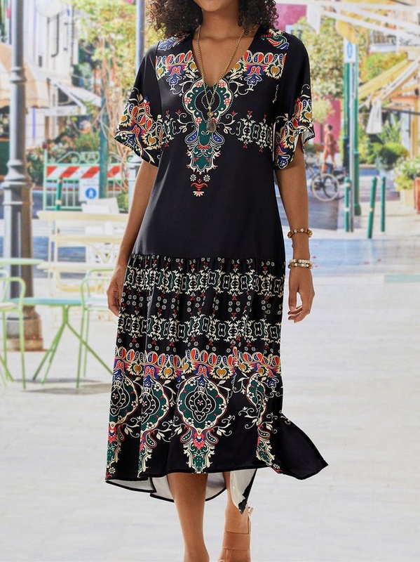 Tribal Casual Short Sleeve V neck Handmade Dress