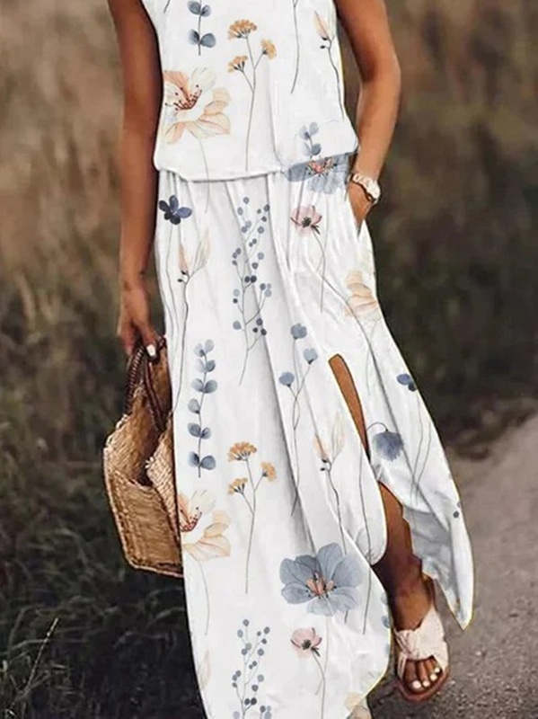 Floral Crew Neck Casual Vacation Sleeveless Loose Handmade Dress