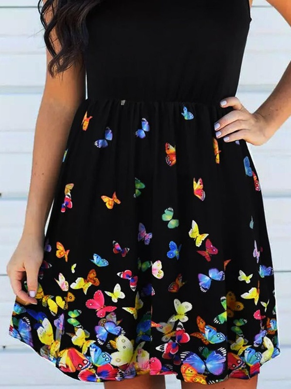 Vintage Butterflies Printed Statement Plus Size Sleeveless Crew Neck Casual
