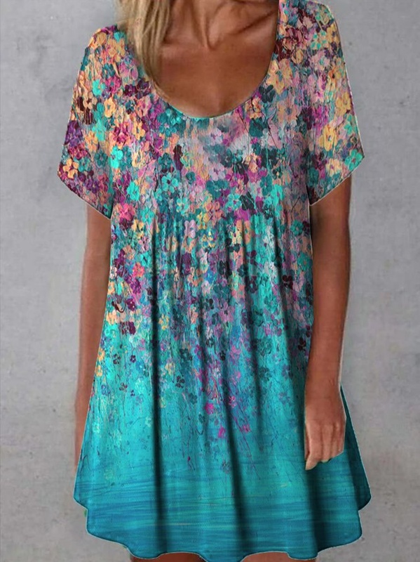 Holiday Flory Floral Printed Short Sleeve Casual Knitting Handmade Dress