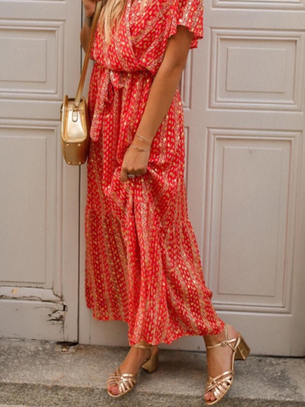 Abstract Short Sleeve Vacation Lace Up V Neck Handmade Dress