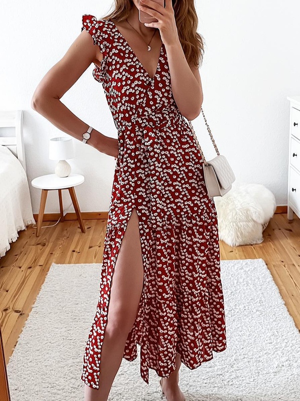 V Neck Floral Vacation Loose Handmade Dress