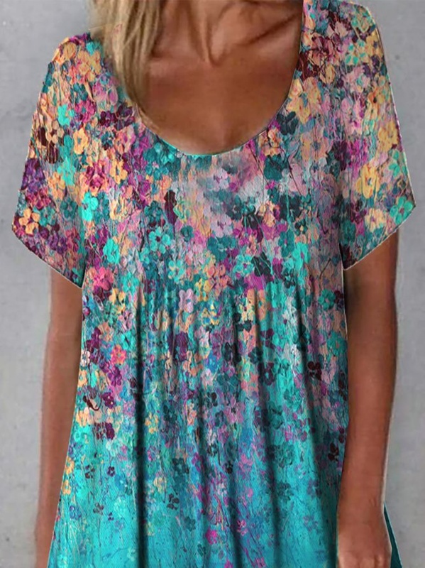 Holiday Flory Floral Printed Short Sleeve Casual Knitting Handmade Dress