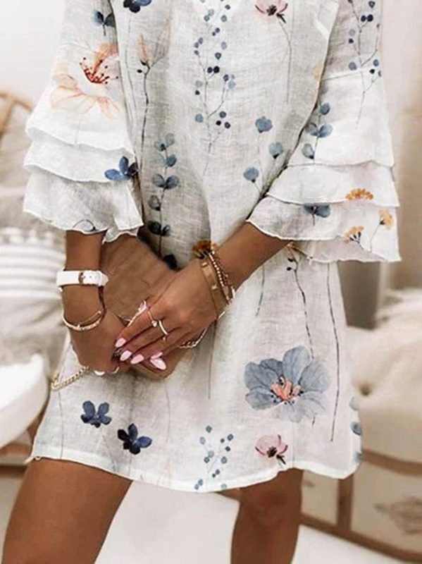 Floral V Neck Casual Three Quarter A Line Handmade Dress