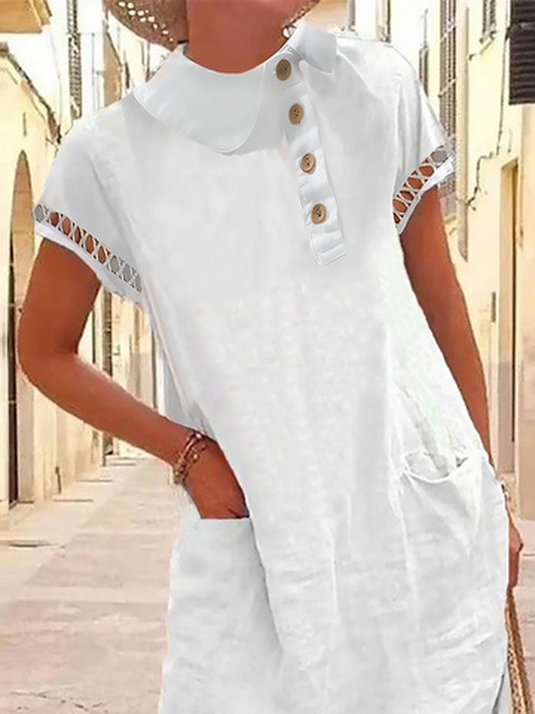 Plain Buckle Hollow out Lace Short Sleeve Pockets Casual Tunic