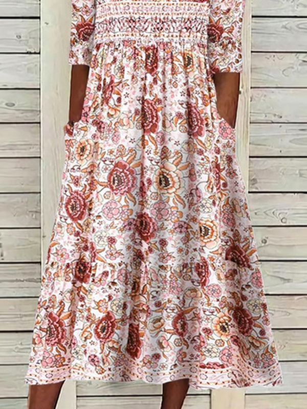 Disty Floral Half Sleeve Pocket Stitching Vacation Handmade Dress