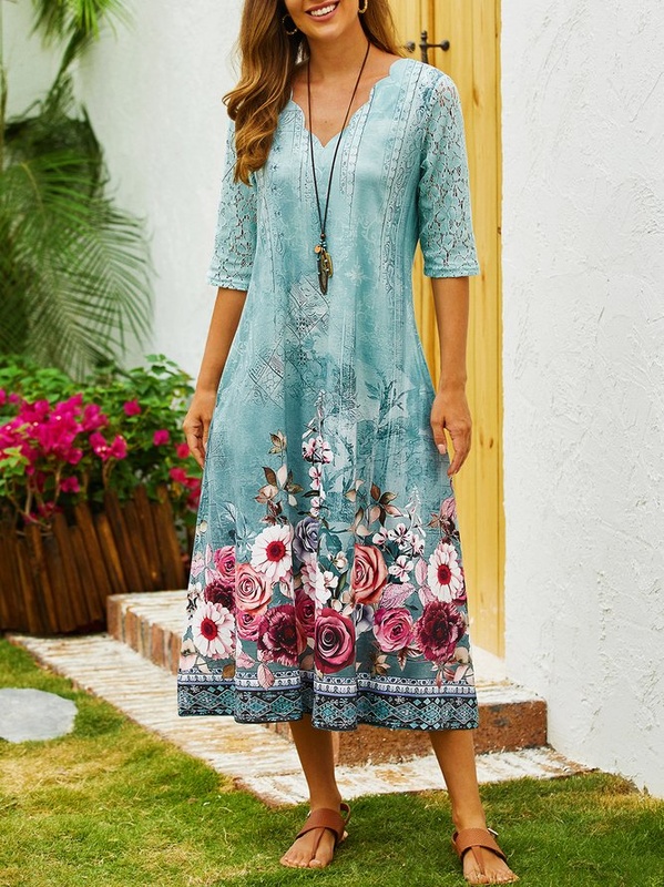 Casual Green Floral V Neck Loose Handmade Dress