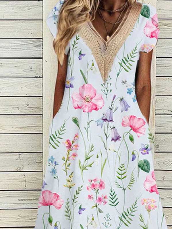 Casual V Neck Lace Floral Printed Handmade Dress