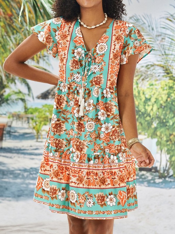 Floral Short Sleeve Printed Cotton blend V neck Boho Summer