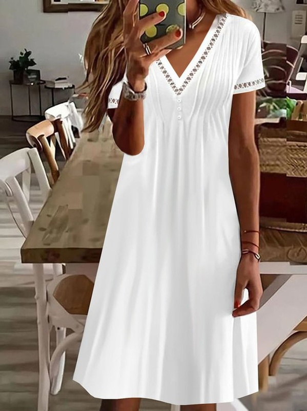 Buckle Plain Casual Patchwork lace Jersey Handmade Dress