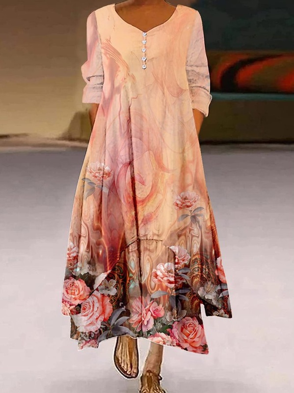 Floral Casual Loose V Neck Handmade Dress