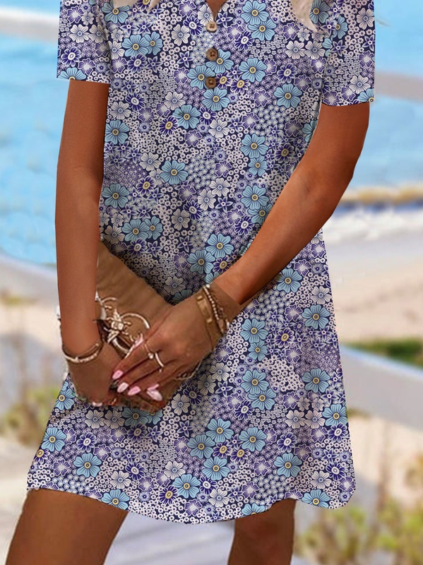 Casual Floral Buckle V Neck Handmade Dress