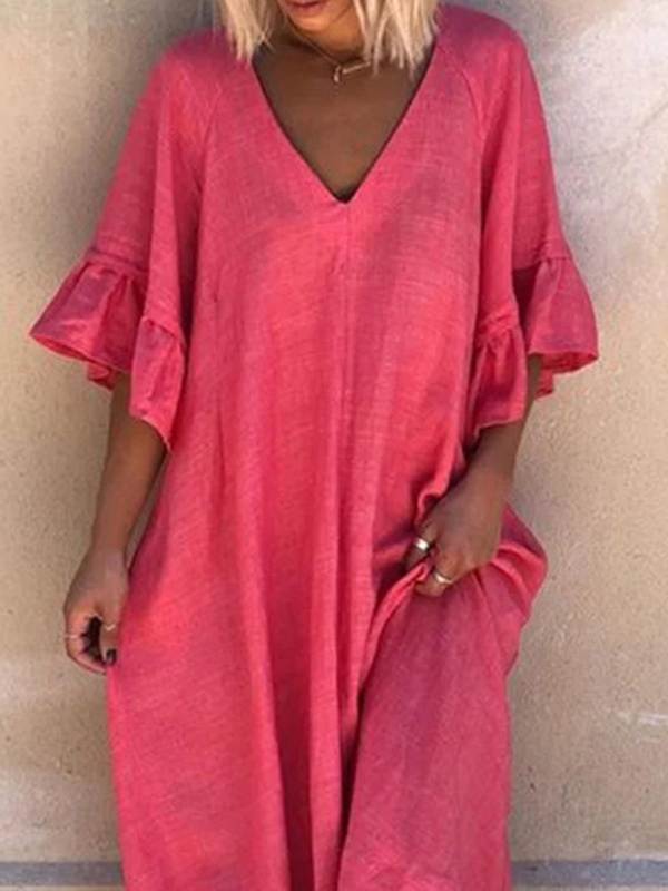 Plain V neck Casual Handmade Dress