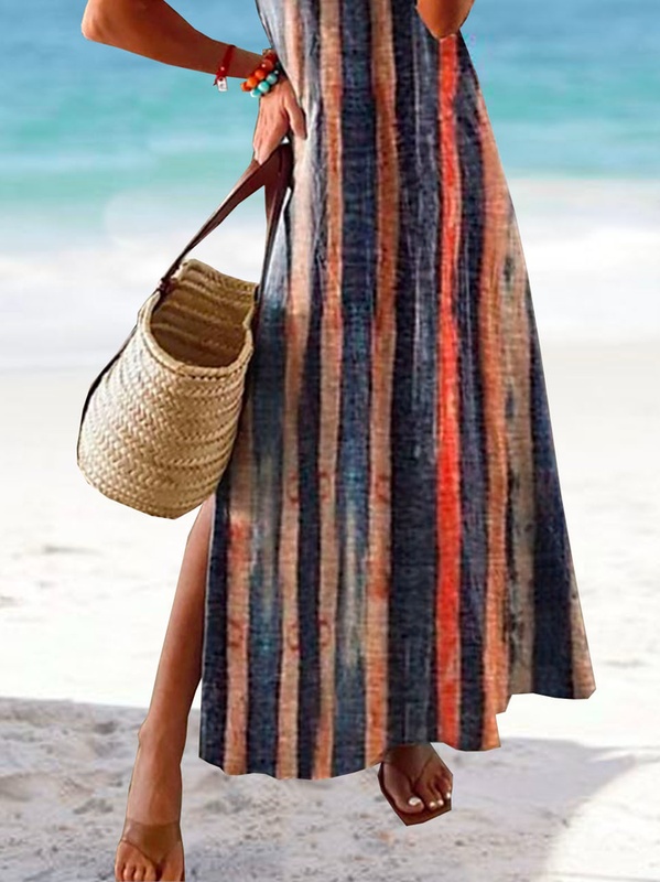 Striped Casual Jersey Cross Neck Handmade Dress