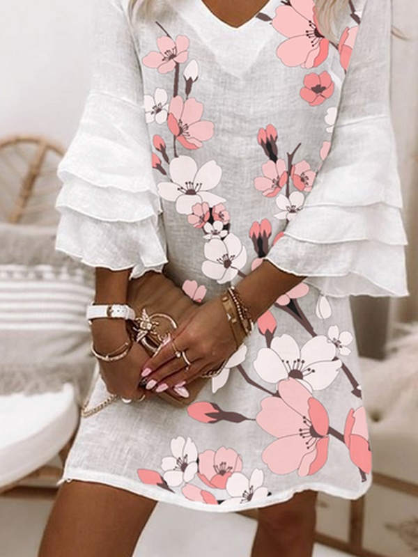 Casual Floral Long Sleeve Woven Handmade Dress