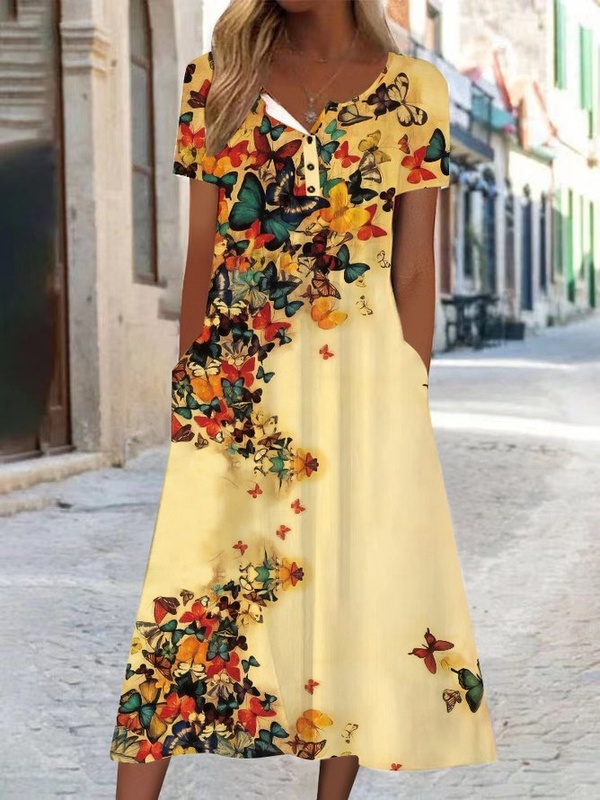 Butterfly Casual Buckle Jersey Handmade Dress