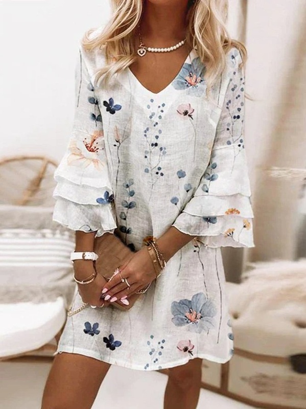 Floral V Neck Casual Three Quarter A Line Handmade Dress