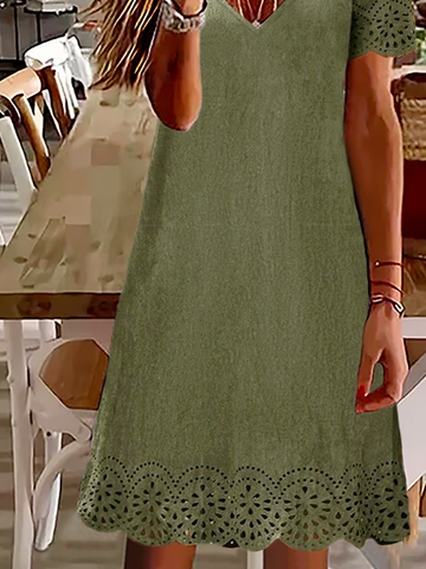 Casual V Neck Plain Handmade Dress