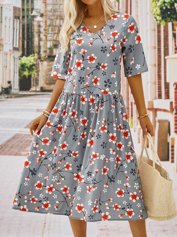 Vintage Women Short Sleeve V Neck Floral Printed Casual Weaving