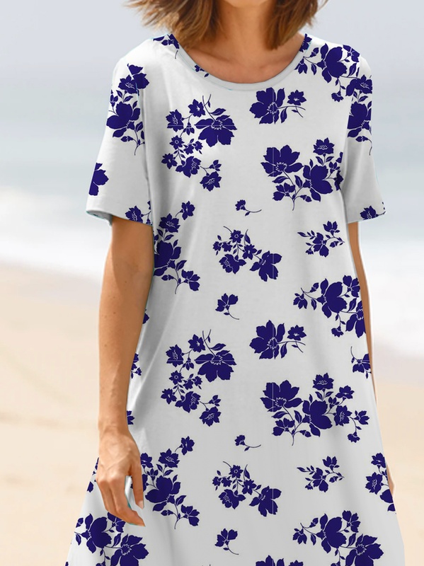 Loose Casual Floral Crew Neck Handmade Dress