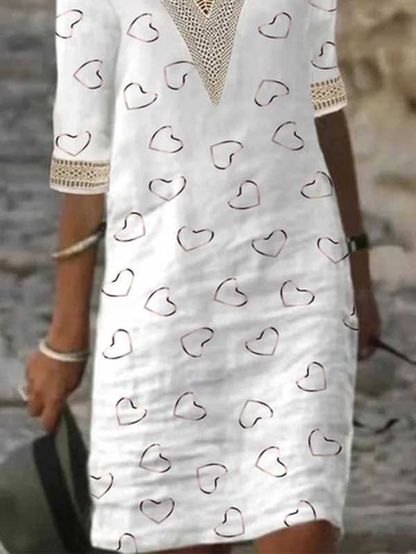 Love Heart Hollow Out Lace V Neck Half Sleeve Casual