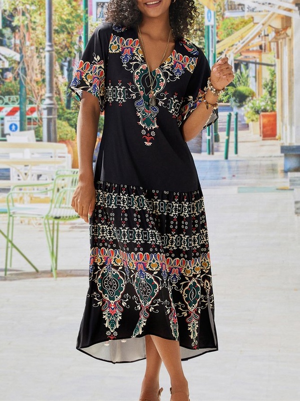 Tribal Casual Short Sleeve V neck Handmade Dress