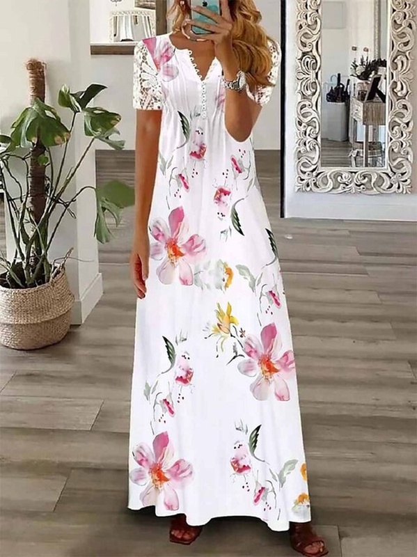 Floral Casual Vacation Lace Loose Maxi Handmade Dress