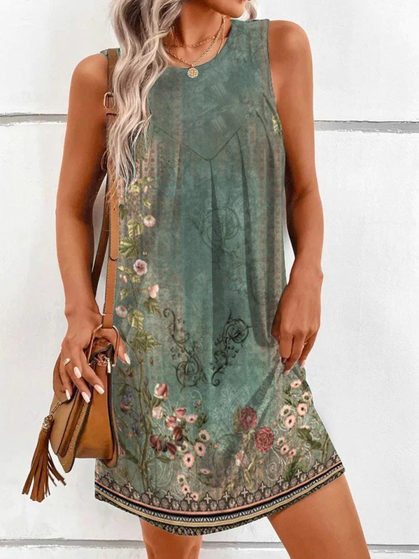 Floral Casual Crew Neck Sleeveless Handmade Dress