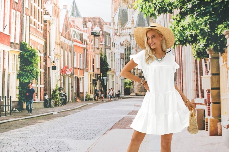 White Casual Cotton Short Sleeve Weaving Handmade Dress