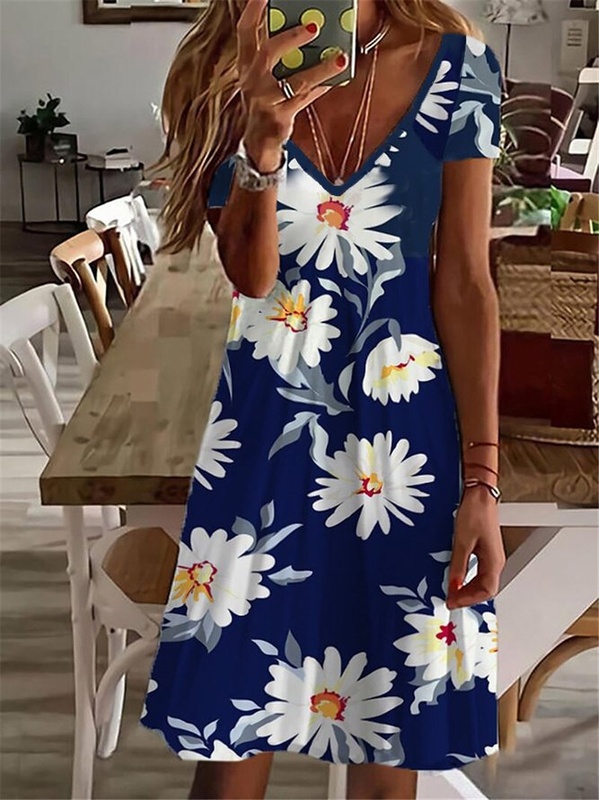 Floral Casual V Neck Short Sleeve A line Handmade Dresses