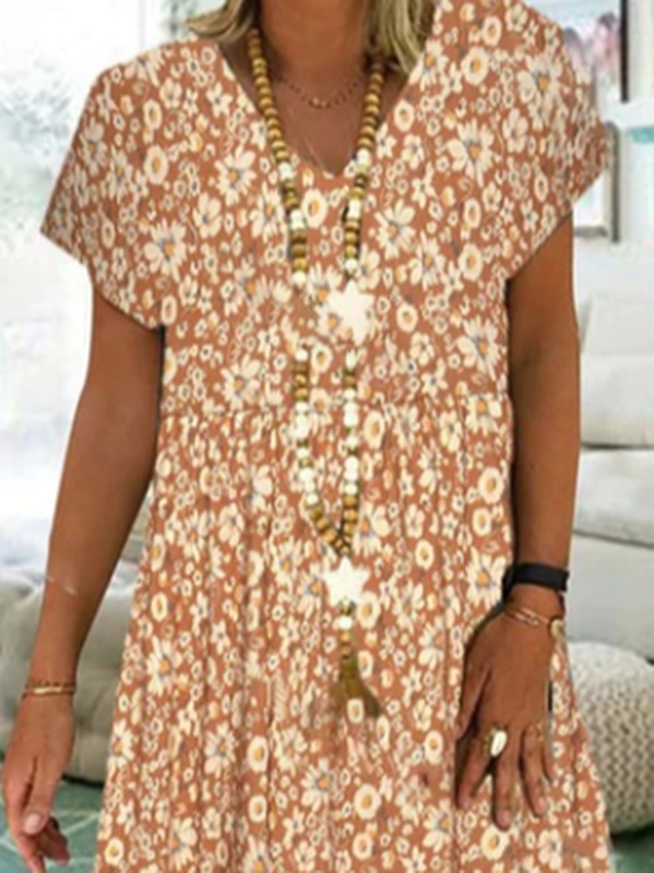 Plus size Casual Floral Short Sleeve Handmade Dress