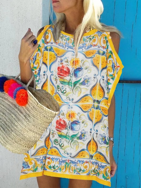 Crew Neck Shift Holiday Short Sleeve Off Shoulder Weaving Handmade Dress